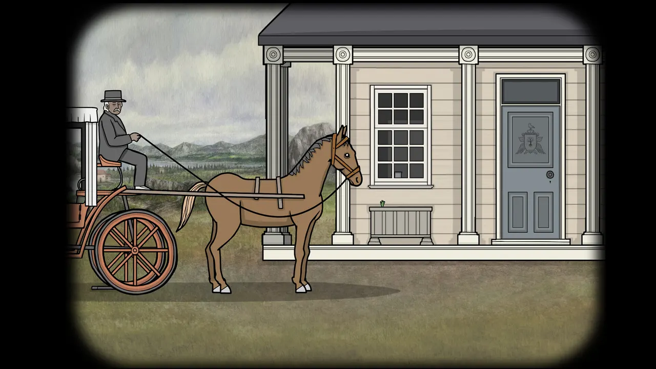 A horse-drawn coach waiting outside the entrance to the Vanderboom estate