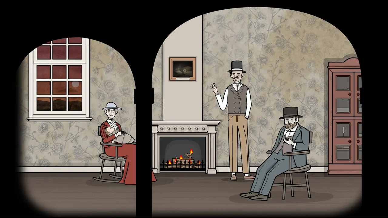 Three visitors gathered around a fireplace inside the estate