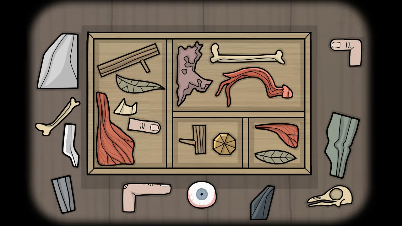 A compartment puzzle containing illustrated objects and loose pieces