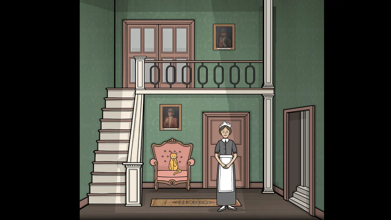 The entrance hall of the Vanderboom estate with the maid standing by the staircase